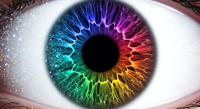 A captivating closeup of a rainbow eye with vibrant colors and patterns - Powered by Adobe