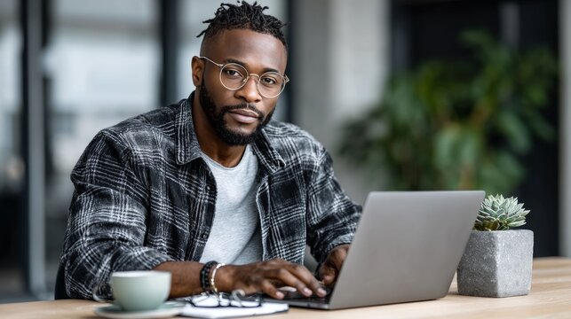Professional Black man with glasses and dreadlocks working on laptop at wooden desk with coffee cup and succulent plant in contemporary workspace