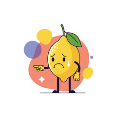 Sad cartoon lemon character pointing finger indicating unhappy emotion distress