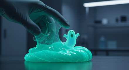 Ghostly Goo Playful Slime and Spooky Figure in a Scientific Setting