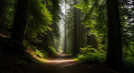 Obraz premium Enchanting trail through a dense redwood forest with light peeking through