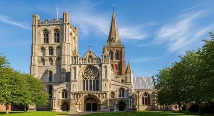 Magnificent Ely Cathedral displaying intricate architectural detail under bright sky