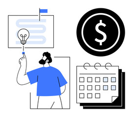 Man gesturing to project timeline with light bulb, dollar coin, and calendar. Ideal for project management, financial planning, scheduling, workflow design, productivity, event planning simple flat