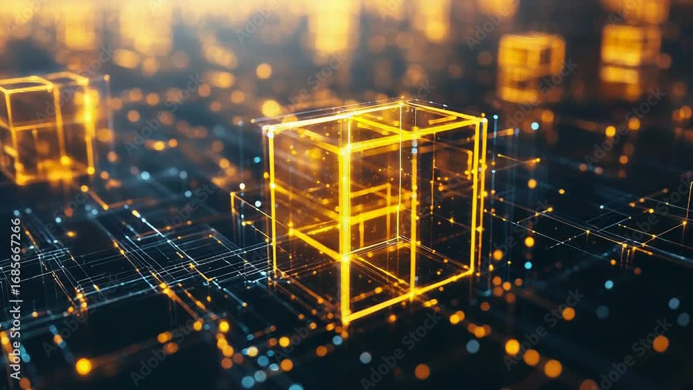 Poster glowing cube structure floating above futuristic circuit board