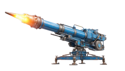A large blue weapon system firing a projectile