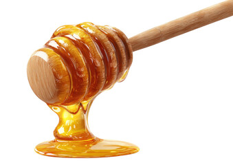 Honey dripping from a wooden dipper