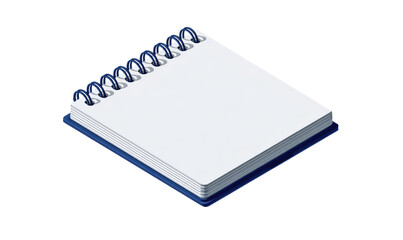 Square spiral-bound notebook, isometric view.  Blank white pages.  Dark blue cover and binding