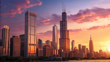 Fototapeta premium Chicago Skyline Sunset Golden Hour Cityscape, Wide Composition, Vibrant Colors, Skyscrapers, Architecture Photography Chicago Architecture, Cityscape Photography