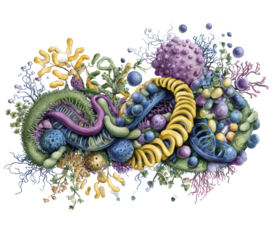 Abstract organic forms in vibrant colors. A chaotic but beautiful jumble of intertwined, textured shapes resembling coral, microorganisms, or other fantastical life