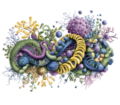 Abstract organic forms in vibrant colors. A chaotic but beautiful jumble of intertwined, textured shapes resembling coral, microorganisms, or other fantastical life