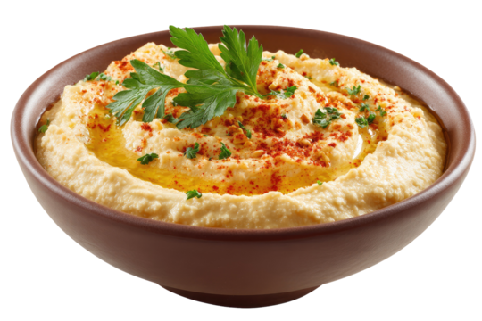 Creamy hummus in a shallow bowl, garnished with parsley and paprika