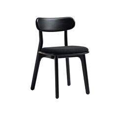 Modern black chair with simple, sleek design.  Dark wood-like legs, upholstered seat