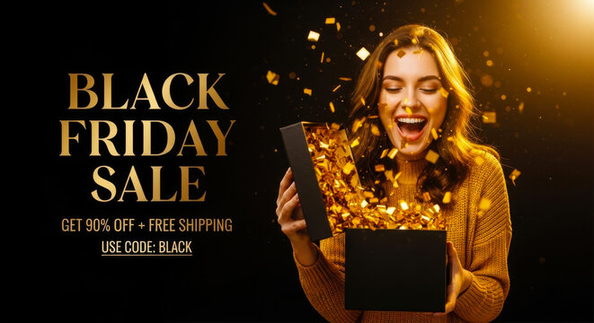 Excited woman opening a gift box with gold confetti during a black friday sale event