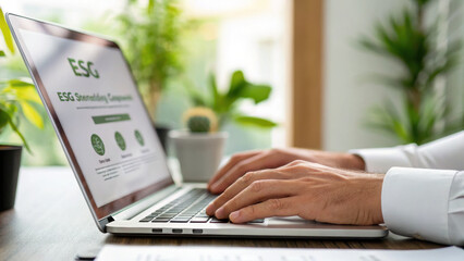 ESG investing innovation displayed on laptop screen with hands typing in modern office environment with green plants