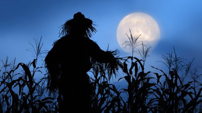 A silhouetted scarecrow standing in a cornfield under the moonlit sky, evoking a sense of mystery and rural charm. The scene is set during a harvest season