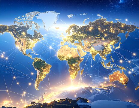 Global network, illuminated world map