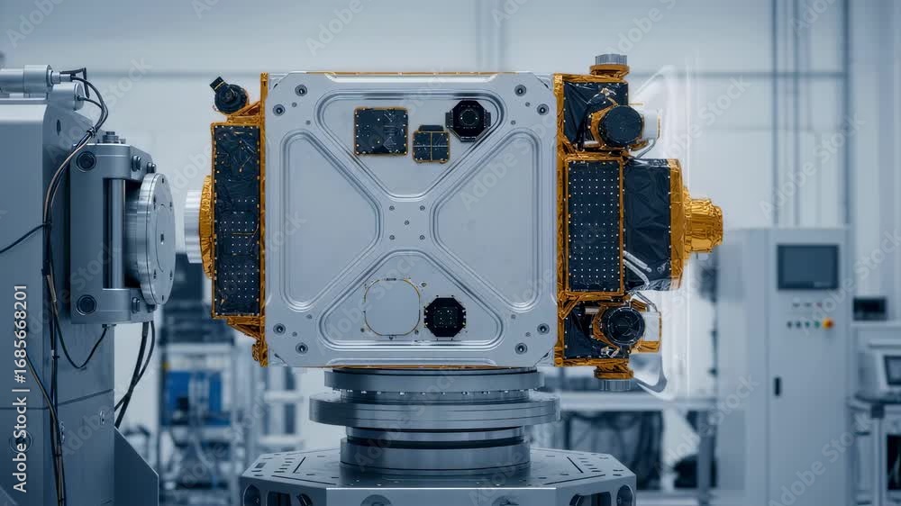 Poster side view of weather satellite bus undergoing rigorous vibration testing highlighting robust frame a