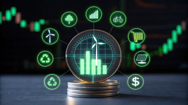 Esg investing innovation renewable energy finance and sustainability icons surround bar chart symbolizing modern financial growth