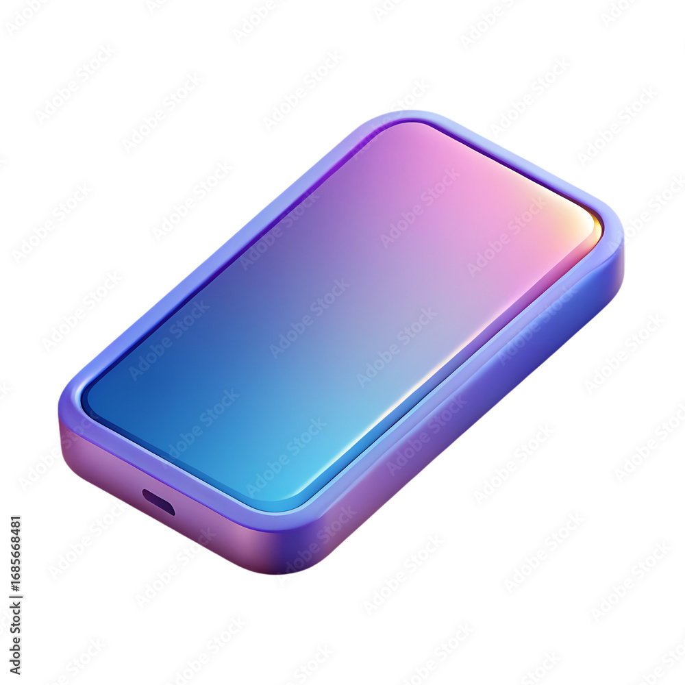 Poster 3d rendered smartphone with gradient screen and purple case on black background mobile device
