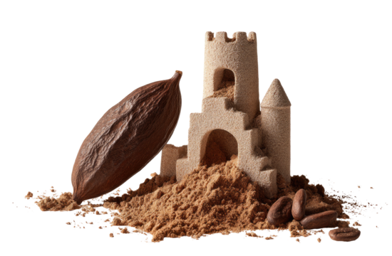 A miniature sandcastle sits atop a bed of cocoa powder, a cocoa bean pod resting nearby