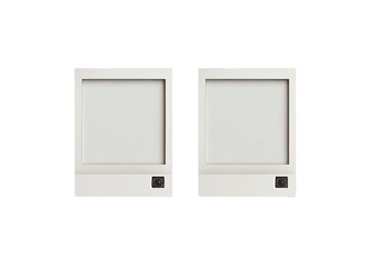 Two identical, light beige, rectangular devices.  Each has a blank, white screen and a small, dark camera-like element.  Flat lay, isolated