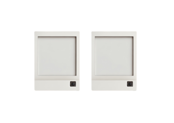 Two identical, light beige, rectangular devices.  Each has a blank, white screen and a small, dark camera-like element.  Flat lay, isolated