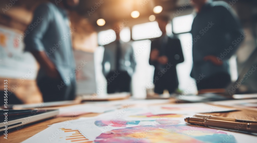 Poster Focused medium shot of a printed AI risk matrix chart on a table surrounded by blurred workshop attendees engaging in discussion.