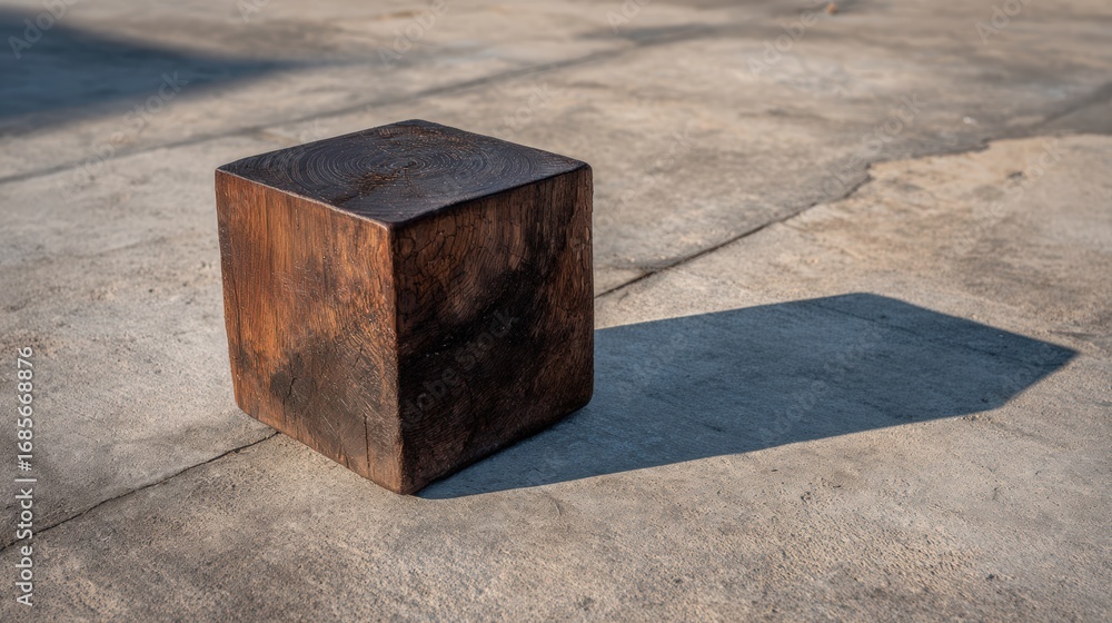 Poster a minimalist wooden cube casting a long shadow on a concrete surface. the cube is a simple, geometri
