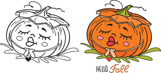 Cute cartoon pumpkin blowing a kiss, fall-themed vector illustration.