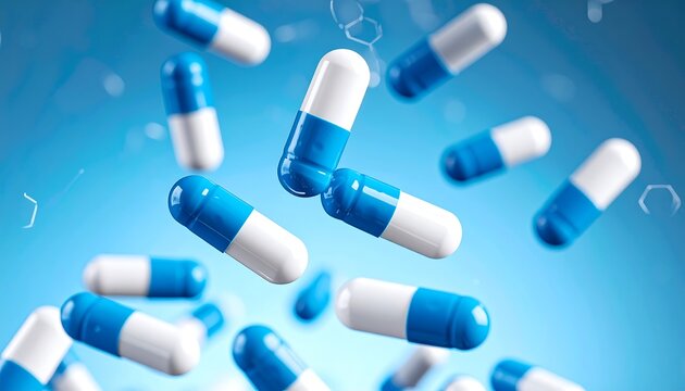 Floating pills against a blue background