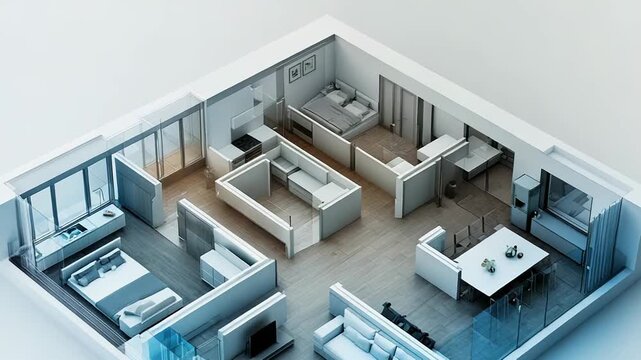 Modern apartment floor plan showing living room, kitchen, and bedrooms