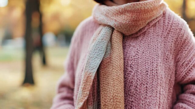 A woman wearing a pink sweater and matching scarf, possibly on a casual day out or attending a special event