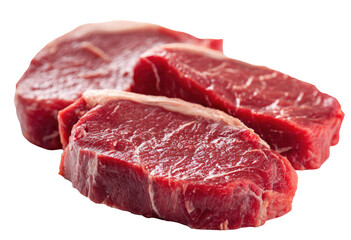 Three raw beef steaks, slightly overlapping, showcasing a deep red color and a slightly marbled appearance