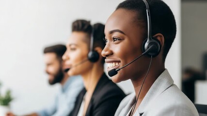 A diverse team of customer service representatives wearing headsets and smiling while working in a call center - Powered by Adobe