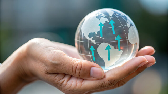 Glass globe held in hand with upward arrows symbolizing esg investing innovation and global growth in sustainable finance