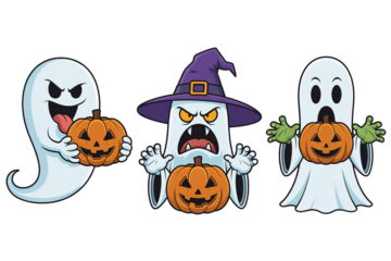Vintage Halloween Cartoon Characters Walking – Retro Pumpkin, Cat, and Ghost