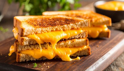 Puff toast with melted cheese on a wooden board, a golden crust, flowing cheese, fresh herbs around, a bowl with a sauce in the background, a warm atmosphere, home cuisine.