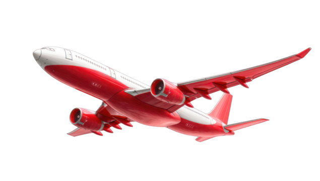 Red and white commercial jet in flight