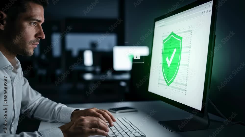 Aufkleber caucasian man using computer, screen shows security process from locked to verified with shield icon