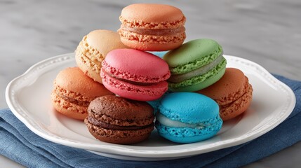 Obraz premium A plate of colorful macarons, each a unique treat. These vibrant treats look delicious on a plate
