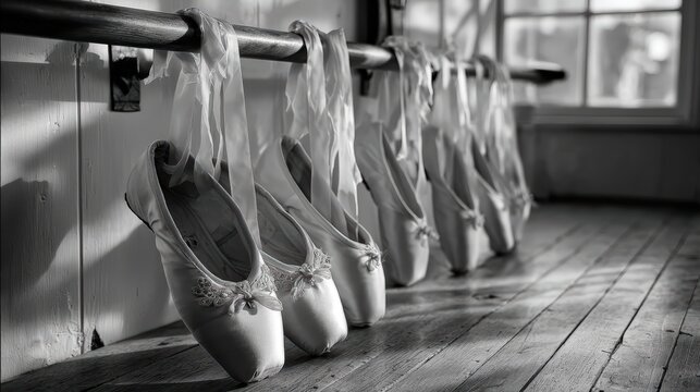 Elegant ballet shoes hanging in a row, captured in striking monochrome, evoking a sense of grace and dedication in a dance studio setting.