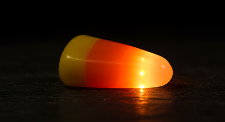 A single tri-color confectionery glows with an inner warmth on a dark surface, casting a soft light and evoking the cozy, mysterious ambiance of autumn celebrations and holiday traditions