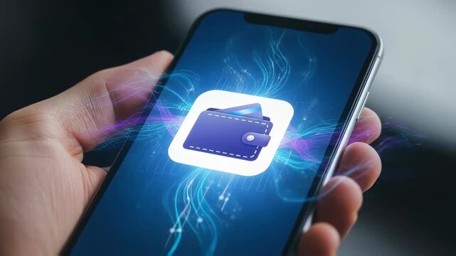 Woman holding smartphone with digital wallet app, showing secure electronic payment and financial technology footage. - Powered by Adobe
