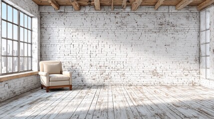Bright Minimalist Interior with White Brick Wall and Single Armchair in Sunlit Loft