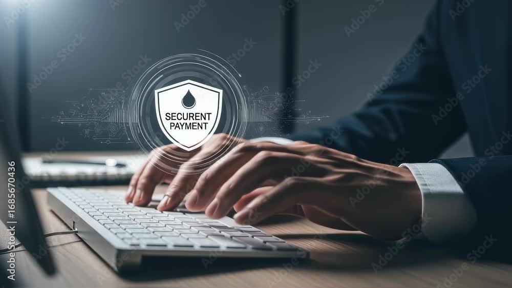 Poster man typing on computer for secure online payment transaction. digital protection and financial techn