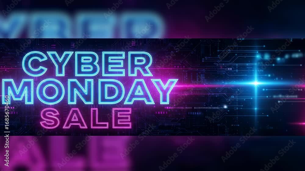 Poster cyber monday sale neon text on dark digital tech background with glowing circuit board pattern for s