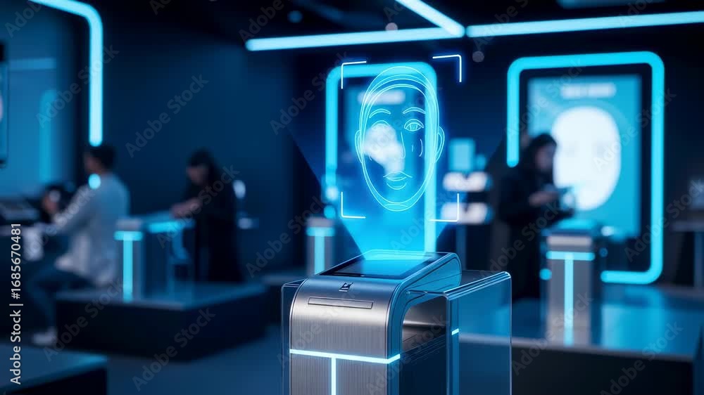 Aufkleber holographic face detection device with human interaction in a futuristic payment and security enviro