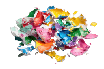 A cluster of colorful, broken pieces of painted material