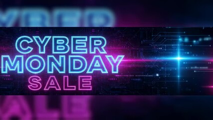 Cyber Monday Sale neon text on dark digital tech background with glowing circuit board pattern for shopping footage.