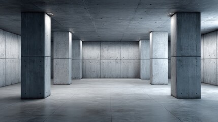 A spacious empty concrete room with large support columns, smooth floors, and industrial lighting creates a modern minimalist atmosphere